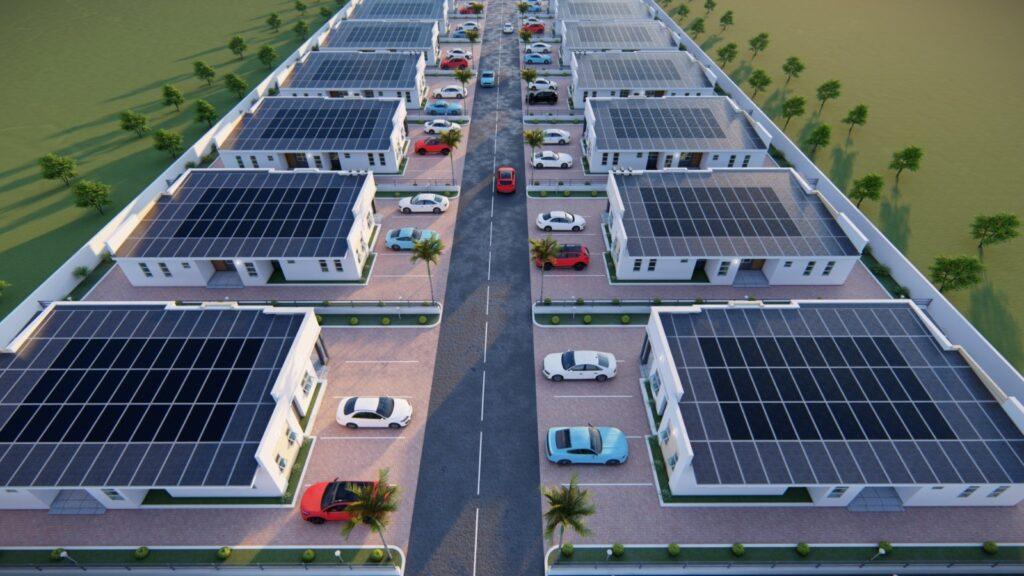 Real estate development rooftop integrated with Melanized solar panels, highlighting sustainable design.