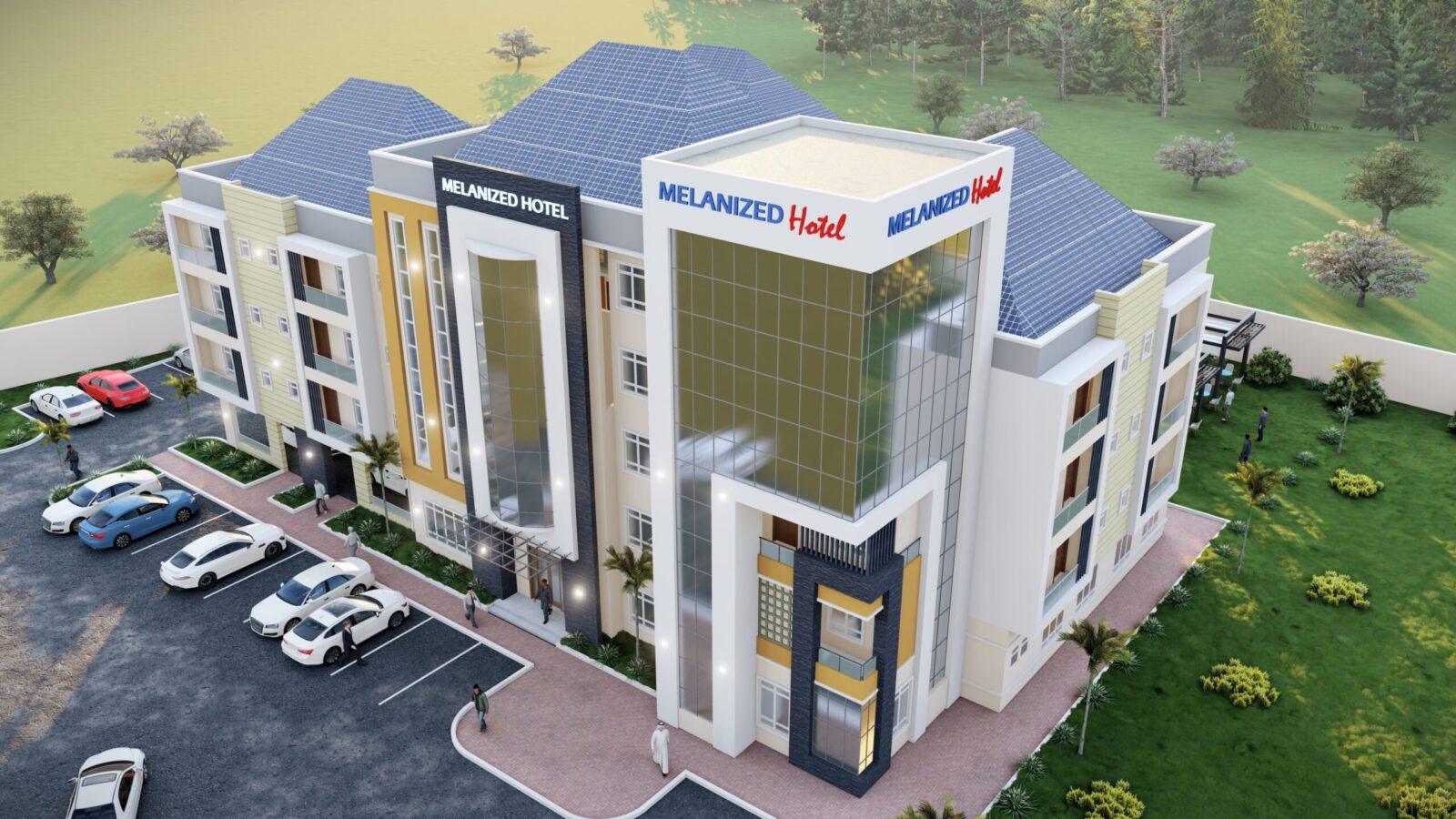 Luxurious hotel rooftop integrated with Melanized solar panels, showcasing sustainable elegance